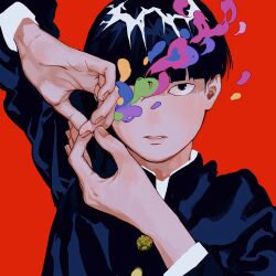 Rule 34 | 1boy, absurdres, black hair, blunt bangs, bowl cut, commentary, english commentary, fingernails, gakuran, hands up, heart, highres, infinity symbol, kageyama shigeo, long sleeves, looking at viewer, male focus, mob psycho 100, neige404, one eye covered, own hands together, parted lips, red background, school uniform, short hair, simple background, smoke, solo, upper body