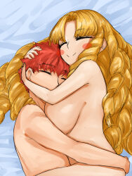 Rule 34 | 1boy, 1girl, absurdres, aftersex, bed, blush, breasts, closed eyes, drill hair, emiya shirou, fate/hollow ataraxia, fate/stay night, fate (series), hand on another&#039;s head, highres, hug, large breasts, luviagelita edelfelt, nude, orange hair, sleeping, smile, steamingtofu