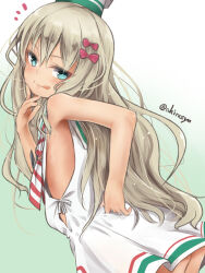 Rule 34 | 1girl, :q, akino shuu, ass, bare arms, bare shoulders, blue eyes, blush, bow, brown hair, closed mouth, clothing cutout, commentary request, dress, gradient background, grecale (kancolle), green background, hair between eyes, hair bow, jewelry, kantai collection, leaning forward, long hair, looking at viewer, looking to the side, notice lines, red bow, ring, sailor collar, sailor dress, side cutout, smile, solo, tongue, tongue out, twitter username, very long hair, white background, white dress, white sailor collar