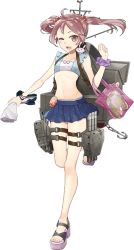 Rule 34 | 10s, 1girl, :d, ;d, anchor, anklet, bag, bikini, bracelet, cannon, chain, drew (drew213g), frills, full body, hair ornament, handbag, jewelry, kantai collection, looking at viewer, machinery, navel, official art, one eye closed, open mouth, pink eyes, pink hair, platform footwear, rabbit, sandals, sazanami (kancolle), school uniform, serafuku, skirt, smile, solo, standing, standing on one leg, swimsuit, thigh strap, torpedo, transparent background, twintails, white background
