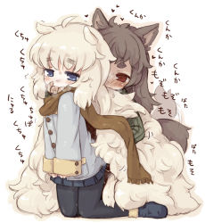 Rule 34 | 2girls, 7010, ahoge, alpaca-san, alpaca ears, animal ears, blue eyes, blush, finger in another&#039;s mouth, grey hair, implied fingering, long hair, multiple girls, original, pantyhose, pussy juice, red eyes, saliva, scarf, simple background, skirt, tail, tail wagging, text focus, translation request, very long hair, white hair, wolf ears, wolf tail, yuri