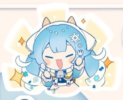 Rule 34 | 1girl, beamed eighth notes, bell, blue bow, blue bowtie, blue hair, blush stickers, bow, bowtie, capelet, cheese, chibi, closed eyes, commentary, cowbell, curvy hair, dual wielding, facing viewer, fake horns, food, fork, fortissimo, fur-trimmed capelet, fur trim, hair ornament, hands up, hatsune miku, holding, horns, ice cream cone, inomo (qimoshu), long hair, musical note, musical note hair ornament, neck bell, no gloves, notice lines, omake, open mouth, smile, snowflake print, snowflakes, solo, sparkle, spoon, sprinkles, sunburst, swiss cheese, thank you, twintails, very long hair, vocaloid, waffle cone, white hair, white headdress, yellow background, yellow capelet, yuki miku, yuki miku (2024) (candidate no.4)