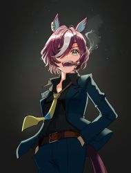Rule 34 | 1girl, animal ears, belt, black shirt, blouse, cigar, collared shirt, cowboy shot, eyepatch, fangs, green jacket, green pants, hands in pockets, highres, horse ears, horse girl, horse tail, jacket, long sleeves, looking at viewer, mouth hold, multicolored hair, necktie, open clothes, open jacket, open mouth, pants, purple hair, shirt, shirt tucked in, short hair, smoke, smoking, solo, streaked hair, tail, tanino gimlet (umamusume), teeth, teeth hold, tokiwa png, umamusume, yellow eyes, yellow necktie