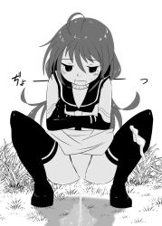 Rule 34 | -censored, 1girl, blush, crossed arms, dress, gloves, grass, highres, kantai collection, long hair, looking down, monochrome, musou bw, neckerchief, open mouth, panties around leg, peeing, puddle, pussy, school uniform, shoes, sleeveless, sleeveless dress, smile, socks, squatting, suzukaze (kancolle), sweatdrop, thighhighs, uncensored