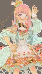 Rule 34 | 1girl, apron, arm up, belt, blue hair, blush, cheese earrings, cleavage cutout, clothing cutout, clothing request, commentary request, cowboy shot, dress, earrings, floral print, gradient hair, grey background, hat, highres, jewelry, long hair, long sleeves, multicolored hair, nanakami mana, off-shoulder dress, off shoulder, open mouth, original, pink eyes, pink hair, simple background, single earring, smile, solo, tassel, teeth, thigh belt, thigh strap, two-tone hair