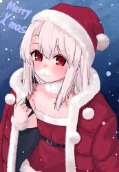 1girl absurdres bare_shoulders belt blush breasts christmas dress fake_facial_hair fake_mustache fate/kaleid_liner_prisma_illya fate_(series) fur-trimmed_dress fur-trimmed_headwear fur-trimmed_jacket fur_collar fur_trim hat highres illyasviel_von_einzbern jacket jacket_on_shoulders long_hair looking_at_viewer niwaikanai red_dress red_eyes red_hat red_jacket santa_dress santa_hat sidelocks small_breasts snow solo white_hair