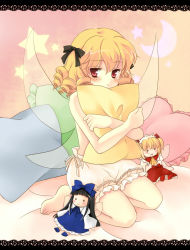 Rule 34 | 1girl, bad id, bad pixiv id, barefoot, blonde hair, bloomers, character doll, coco (119267104), crescent, drill hair, female focus, heart, heart-shaped pillow, luna child, hugging object, pillow, pillow hug, red eyes, sitting, solo, star (symbol), star sapphire, sunny milk, topless, touhou, underwear, underwear only, wariza, wings