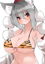 Rule 34 | 1girl, absurdres, animal ears, animal print, armpits, bare shoulders, bikini, breasts, cleavage, closed mouth, grey hair, highres, inubashiri momiji, large breasts, looking at viewer, navel, orange bikini, red eyes, red headwear, regua, simple background, solo, swimsuit, tiger print, touhou, white background, white sleeves, wolf ears, wolf girl