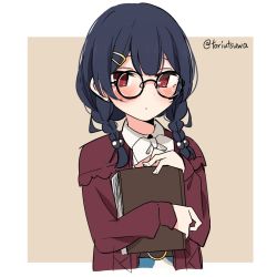 Rule 34 | 1girl, alternate costume, belt, bespectacled, blue hair, blush, book, hugging book, border, bow, braid, collar, glasses, hair bobbles, hair ornament, hairclip, highres, holding, holding book, idolmaster, idolmaster shiny colors, morino rinze, hugging object, parted bangs, pout, red eyes, red shirt, ribbon, round eyewear, shirt, short twintails, solo, torinabe, twintails, twitter username, two-tone background, white border, white bow, white collar, white ribbon