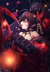 Rule 34 | 1girl, azur lane, bare shoulders, bat wings, black hair, branch, butterfly hair ornament, claw (weapon), cross, cross earrings, detached collar, earrings, flower, hair ornament, jewelry, mechanical arms, multicolored hair, off shoulder, official alternate costume, pink flower, pointy ears, posaposa, red hair, red skirt, single mechanical arm, skirt, solo, streaked hair, tongue, tongue out, two-tone hair, weapon, wide sleeves, wings, yellow eyes, z24 (azur lane), z24 (festival-going fiend) (azur lane)