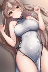 Rule 34 | 1girl, animal ears, bare arms, bare shoulders, black nails, blush, breasts, brown background, brown hair, china dress, chinese clothes, closed mouth, cowboy shot, dress, gradient background, grey dress, groin, half updo, highres, horse ears, impossible clothes, impossible dress, kidukatakio, large breasts, long hair, looking at viewer, lying, nail polish, on back, pelvic curtain, satono diamond (umamusume), sleeveless, sleeveless dress, smile, solo, umamusume, very long hair, w arms, yellow eyes