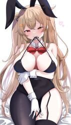 Rule 34 | 1girl, animal ears, black leotard, blush, bow, bowtie, breasts, bunny day, calin, covered navel, hair between eyes, hair flaps, hair ornament, hair ribbon, highres, kantai collection, large breasts, leotard, light brown hair, long hair, looking at viewer, murasame (kancolle), murasame kai ni (kancolle), playboy bunny, rabbit ears, red eyes, ribbon, solo, strapless, strapless leotard, two side up, wrist cuffs