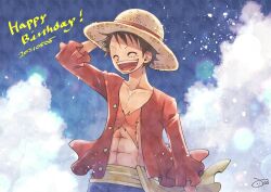 Rule 34 | 1boy, ^ ^, abs, aco peda, black hair, blue shorts, closed eyes, cloud, commentary request, hand on headwear, happy birthday, hat, male focus, monkey d. luffy, one piece, open clothes, open shirt, red shirt, sash, scar, scar on chest, shirt, short hair, shorts, sky, smile, solo, straw hat, upper body, yellow sash
