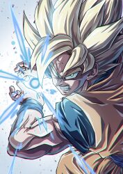 Rule 34 | 1boy, absurdres, blonde hair, clenched teeth, commentary, commentary request, dougi, dragon ball, green eyes, highres, kamehameha (dragon ball), mocky art, muscular, muscular male, powering up, solo, son goku, spiked hair, super saiyan, super saiyan 1, teeth