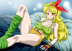 Rule 34 | 1girl, bare shoulders, bed, belt, blonde hair, blush, breasts, cameltoe, cleavage, closed mouth, covered erect nipples, curly hair, dragon ball, fingerless gloves, gloves, gradient background, green tank top, hair ribbon, happy, large breasts, leg up, legs, long hair, loose socks, lunch (dragon ball), lying, midriff, navel, nel-zel formula, on bed, pillow, red eyes, ribbon, short shorts, shorts, simple background, smile, socks, solo, tank top, thighs, yellow shorts