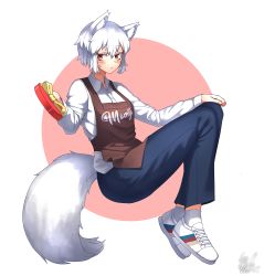 Rule 34 | 1641 (chfhrtor94), alternate costume, animal ear fluff, animal ears, apron, blush, brown apron, character name, clothes writing, contemporary, denim, gift, giving, highres, inubashiri momiji, jeans, leaf, looking at viewer, maple leaf, no headwear, no headwear, pants, red eyes, shirt, short hair, simple background, tail, touhou, white footwear, white hair, white legwear, white shirt, wolf ears, wolf tail