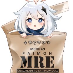 Rule 34 | 1girl, blue eyes, blush, english text, field ration, genshin impact, hair between eyes, hair ornament, halo, looking at viewer, mechanical halo, meme, open mouth, paimon (genshin impact), silver hair, simple background, solo, white background