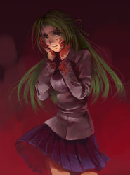 Rule 34 | 00s, 1girl, artist request, blazer, blood, blood on clothes, blood on face, clothes lift, dark, green hair, hands on own face, higurashi no naku koro ni, jacket, long hair, long sleeves, lowres, pleated skirt, red background, school uniform, skirt, skirt lift, solo, sonozaki shion, tears, yandere