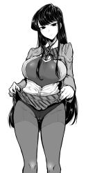 Rule 34 | 1girl, absurdres, breasts, cleft of venus, closed mouth, clothes lift, competition swimsuit, gggg, highres, komi-san wa komyushou desu, komi shouko, large breasts, long hair, long sleeves, monochrome, one-piece swimsuit, open clothes, pantyhose, pantyhose over swimsuit, pleated skirt, school uniform, simple background, skirt, skirt lift, solo, swimsuit, swimsuit under clothes, white background