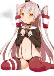Rule 34 | 10s, 1girl, :t, amatsukaze (kancolle), black panties, blush, brown dress, clothes lift, collarbone, dress, dress lift, garter straps, gloves, hair between eyes, hair tubes, kaisen chuui, kantai collection, long hair, looking at viewer, looking down, navel, panties, pout, red thighhighs, sailor dress, short dress, silver hair, sitting, solo, striped clothes, striped thighhighs, suspenders, thighhighs, two side up, underwear, wariza, white background, white gloves, yellow eyes