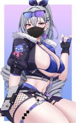 Rule 34 | 1girl, alternate breast size, black jacket, blue background, blue bra, bra, breasts, commentary, crop top, earrings, fingerless gloves, fishnets, fur-trimmed jacket, fur trim, gloves, gradient background, grey eyes, grey hair, hair ribbon, hand up, highres, honkai: star rail, honkai (series), jacket, jewelry, kanta (kanta 077), large breasts, long hair, looking at viewer, mask, midriff, mouth mask, navel, ponytail, puffy short sleeves, puffy sleeves, purple background, ribbon, shirt, short sleeves, silver wolf (honkai: star rail), solo, stomach, thick thighs, thigh strap, thighs, underwear