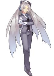 Rule 34 | 1girl, absurdres, adjusting clothes, adjusting gloves, belt, black vest, blouse, blue eyes, blue necktie, character request, cigarette, commentary request, gloves, grey hair, grey pants, grin, headphones, highres, long hair, long sleeves, looking at viewer, mouth hold, musyne xsk, necktie, pants, parted bangs, shirt, shoes, smile, smoke, smoking, solo, standing, uniform, vest, vocaloid, white gloves, white shirt