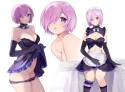 Rule 34 | 1girl, absurdres, adapted costume, alternate costume, apron, arm at side, bad id, bad pixiv id, bare shoulders, black dress, black gloves, black socks, blush, breasts, cleavage, closed mouth, clothes lift, collarbone, commentary request, contrapposto, cowboy shot, detached collar, dress, dress lift, enmaided, eyes visible through hair, fate/grand order, fate (series), frilled apron, frills, gloves, hair between eyes, hair over one eye, highres, kneehighs, lifting own clothes, light purple hair, looking at viewer, maid, maid apron, maid headdress, mash kyrielight, medium breasts, multiple views, open mouth, panties, panty pull, purple eyes, purple hair, purple panties, short hair, sitting, skirt, skirt lift, smile, socks, strapless, strapless dress, underwear, waist apron, white apron, yayako (804907150)