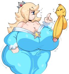 Rule 34 | 1girl, 1other, ass, blonde hair, blue eyes, breasts, clothes, crown, dress, hair over one eye, highres, huge ass, huge breasts, large penis, lewd dorky, long hair, luma (mario), mario (series), nintendo, penis, plump, robe, rosalina, simple background, super mario galaxy, surprised, sweat, testicles, white background
