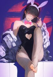 Rule 34 | 1girl, absurdres, animal ears, black hair, bow, bowtie, bridal legwear, chainsaw man, clothing cutout, cross scar, detached collar, facial scar, fake animal ears, feet, fishnet pantyhose, fishnets, heart cutout, highres, jacket, knee up, leotard, no shoes, open clothes, open jacket, open mouth, pantyhose, pink bow, pink bowtie, pink eyes, playboy bunny, playing with own hair, rabbit ears, scar, scar on cheek, scar on face, scar on nose, sitting, solo, white jacket, yao liao wang, yoru (chainsaw man)