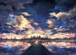 Rule 34 | bridge, cloud, commentary request, lake, no humans, original, outdoors, pippi (pixiv 1922055), reflection, ripples, scenery, sky, star (sky), starry sky, sunrise, tree, vanishing point, water