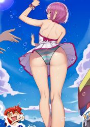 Rule 34 | 2girls, :d, absurdres, aqua panties, ass, backless outfit, bare legs, blush, cellphone, day, dress, fate/grand order, fate (series), from below, fujimaru ritsuka (female), halterneck, highres, holding, holding phone, kneepits, langya beike, legs, looking at viewer, looking back, market stall, mash kyrielight, mash kyrielight (swimsuit of perpetual summer), multiple girls, ocean, official alternate costume, open mouth, orange hair, out of frame, outdoors, panties, parted lips, phone, purple eyes, purple hair, riyo (lyomsnpmp) (style), scrunchie, short dress, short hair, side ponytail, sidelocks, smartphone, smile, solo focus, splashing, striped clothes, striped panties, swimsuit, taking picture, thighs, underwear, water drop, white dress, wrist scrunchie, yellow eyes