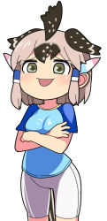 Rule 34 | 1girl, arms under breasts, black hair, blue shirt, blush, breasts, brown hair, commentary request, cowboy shot, crossed arms, greater roadrunner (kemono friends), grey eyes, hair tubes, head wings, hospital king, kemono friends, kemono friends 2, looking at viewer, medium bangs, medium breasts, medium hair, multicolored hair, open mouth, raglan sleeves, shirt, shorts, sidelocks, simple background, smile, solo, t-shirt, white background, white shorts, wings, yukkuri shiteitte ne