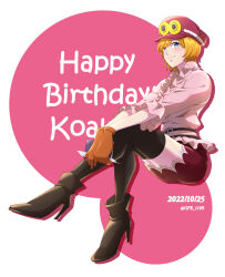 Rule 34 | 1girl, black thighhighs, blonde hair, boots, character name, commentary, dated, frilled shirt, frills, full body, gloves, goggles, goggles on headwear, happy birthday, hat, high heels, highres, holding, holding notebook, invisible chair, koala (one piece), light smile, miniskirt, notebook, one piece, pink background, pink shirt, purple hat, purple skirt, ruang, shirt, short hair, sitting, skirt, solo, symbol-only commentary, thighhighs, twitter username