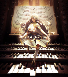 Rule 34 | 1girl, absurdres, bad id, bad pixiv id, bass clef, beamed sixteenth notes, breasts, brown theme, cleavage, closed eyes, dancing, eighth note, facing viewer, flat sign, full body, grey hair, grey skirt, highres, instrument, kneehighs, large breasts, mini person, minigirl, musical note, original, piano, quarter note, quarter rest, sharp sign, sheet music, skirt, socks, solo, spinning, toi1et paper, white socks