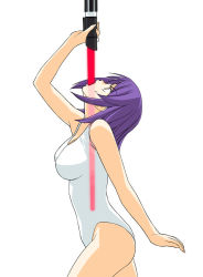 Rule 34 | 00s, 1girl, a1 (initial-g), breasts, energy sword, holding, holding sword, holding weapon, kaleido star, large breasts, leotard, lightsaber, naegino sora, purple hair, short hair, solo, star wars, sword, sword swallowing, weapon, white leotard, x-ray