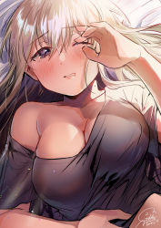 Rule 34 | 1girl, 2019, absurdres, bed sheet, black shirt, blonde hair, blush, breasts, collarbone, commentary request, covered erect nipples, dated, day, fingernails, from above, geshumaro, hair between eyes, half-closed eye, highres, large breasts, long hair, looking at viewer, lying, messy hair, mole, mole on neck, no bra, off shoulder, on back, on bed, one eye closed, original, purple eyes, shirt, short sleeves, sidelocks, signature, skindentation, sleepy, solo, waking up