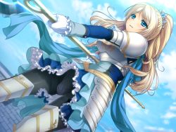 Rule 34 | 1girl, armor, blonde hair, blue eyes, blush, cloud, darklord (game), discreet vibrator, embarrassed, game cg, gloves, legs, long hair, natsuhiko, pantyhose, ponytail, sex toy, sharurie, sky, solo, standing, thighs, vibrator, weapon