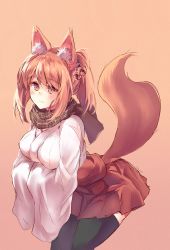 Rule 34 | 1girl, animal ear fluff, animal ears, arms under breasts, bad id, bad pixiv id, black thighhighs, blush, breasts, checkered clothes, checkered neckwear, commentary request, cowboy shot, fox ears, fox girl, fox tail, hands in opposite sleeves, japanese clothes, large breasts, leaning forward, long hair, long sleeves, looking away, one side up, orange hair, original, pleated skirt, red skirt, sawaya (mizukazu), scarf, sidelocks, skirt, solo, standing, tail, tail raised, thighhighs, wide sleeves
