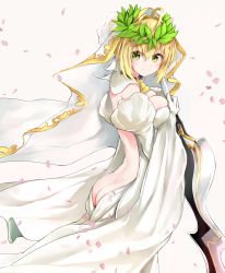Rule 34 | 10s, 1girl, ahoge, ass, back, belt, blonde hair, blush, bodysuit, breasts, butt crack, center opening, cleavage, detached sleeves, fate/extra, fate/extra ccc, fate/grand order, fate (series), flower, gloves, green eyes, hair between eyes, hair intakes, highres, holding, holding sword, holding weapon, lock, looking back, medium breasts, nero claudius (bride) (fate), nero claudius (bride) (third ascension) (fate), nero claudius (fate), nero claudius (fate) (all), padlock, petals, puffy sleeves, silver (chenwen), simple background, smile, solo, standing, sword, veil, weapon, white gloves, wreath