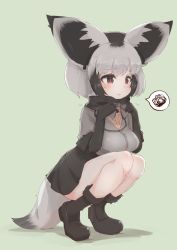 Rule 34 | 1girl, animal ears, bad id, bad twitter id, bat-eared fox (kemono friends), black hair, blush, bow, bowtie, brown eyes, center frills, coat, commentary request, elbow gloves, extra ears, fingers to chin, fox ears, fox tail, frills, full body, gloves, green background, grey hair, hand on own chin, highres, kemono friends, large ears, loafers, multicolored hair, pleated skirt, scarf, shoes, short hair, short sleeves, simple background, skirt, socks, solo, spoken squiggle, squatting, squiggle, sweatdrop, tail, teranekosu, wavy mouth