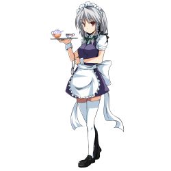Rule 34 | 1girl, absurdres, apron, bad id, bad pixiv id, bow, braid, cup, embodiment of scarlet devil, female focus, full body, hair bow, hairband, highres, izayoi sakuya, maid, maid apron, pocket watch, red eyes, short hair, silver hair, solo, tea, teacup, thighhighs, touhou, transparent background, tray, twin braids, wata, watch, white thighhighs, zettai ryouiki