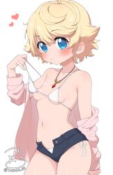 Rule 34 | 1girl, absurdres, arm at side, bare shoulders, bikini, bikini pull, bikini under clothes, blonde hair, blue eyes, blue shorts, blush, breasts, clothes pull, contrapposto, cowboy shot, expressionless, flipped hair, hair between eyes, hand up, highres, jacket, jewelry, looking at viewer, messy hair, midriff, navel, necklace, off shoulder, open clothes, open fly, open jacket, original, pendant, pink jacket, short hair, short shorts, shorts, side-tie bikini bottom, small breasts, solo, standing, strap pull, string bikini, swept bangs, swimsuit, white bikini