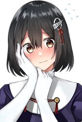 Rule 34 | 1girl, black hair, brown eyes, gloves, haguro (kancolle), hair ornament, hands on own face, highres, kantai collection, katsuobushi (eba games), looking at viewer, military, military uniform, short hair, simple background, solo, uniform, upper body, white background, white gloves