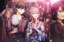 Rule 34 | 1boy, 1girl, black hair, blonde hair, blurry, blurry background, brown eyes, candy apple, cotton candy, festival, fireworks, fish, floral print, flower, food, goldfish, hair flower, hair ornament, highres, holding, japanese clothes, kimono, lantern, long hair, looking at another, looking at viewer, night, obi, open mouth, original, red eyes, sash, sidelocks, smile, solo focus, ye jji, yukata