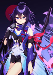 Rule 34 | 1girl, adjusting scarf, ahoge, black background, black gloves, black hair, black shorts, blue eyes, breasts, bug, butterfly, cleavage, colored inner hair, commentary, detached sleeves, fingerless gloves, flareza, gloves, hair between eyes, highres, holding, holding polearm, holding weapon, honkai: star rail, honkai (series), insect, long hair, long sleeves, looking at viewer, medium breasts, multicolored hair, parted lips, polearm, purple scarf, scarf, seele (honkai: star rail), short shorts, shorts, simple background, solo, weapon, wide sleeves