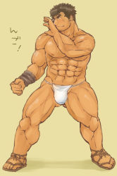 Rule 34 | 1boy, abs, bara, body hair, brown hair, bulge, chest hair, commentary request, dark-skinned male, dark skin, facial hair, full body, fundoshi, gluteal fold, goatee, japanese clothes, takabushi kengo, kontahsm, large pectorals, long sideburns, male focus, muscular, muscular male, navel, nipples, pectorals, short hair, sideburns, smile, solo, standing, stomach, stubble, thick eyebrows, thick thighs, thighs, tokyo houkago summoners, topless male, translation request, underwear, underwear only