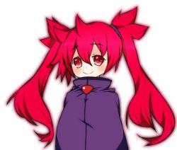 Rule 34 | 1girl, ahoge, aq interactive, arcana heart, arcana heart 3, atlus, black background, black ribbon, coat, examu, hair ribbon, heart, long hair, looking at viewer, red eyes, red hair, ribbon, scharlachrot, simple background, smile, solo, transparent background, turtleneck, twintails