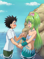 Rule 34 | 1boy, 1girl, awa, bare shoulders, black hair, blush, breasts, cleavage, cloud, day, gem, green hair, grey eyes, hair ornament, jewelry, long hair, mermaid, monster girl, mukoujima takurou, muromi-san, namiuchigiwa no muromi-san, navel, necklace, ocean, open mouth, pearl (gemstone), red eyes, rock, scales, seashell, shell, short sleeves, sky, small breasts, spiked hair, twintails, two side up, very long hair, water