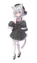 Rule 34 | 1girl, absurdres, animal ears, beret, black dress, black footwear, black hat, black jacket, black ribbon, blush, cat ears, cat tail, closed mouth, commentary request, dress, flipped hair, hands up, hat, hat ribbon, highres, jacket, looking at viewer, mary janes, nankawa rota, neck ribbon, open clothes, open jacket, pantyhose, pinafore dress, pink eyes, pink ribbon, ribbon, sayo (voicevox), shirt, shoes, short hair, simple background, sleeveless, sleeveless dress, sleeves past fingers, sleeves past wrists, solo, tail, voicevox, white background, white pantyhose, white shirt