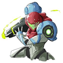 Rule 34 | 1girl, arm cannon, armor, automatic giraffe, broken glass, commentary, cropped legs, english commentary, glass, looking at viewer, metroid, metroid dread, nintendo, one eye covered, open hand, power armor, samus aran, science fiction, sketch, solo, visor, weapon, white background, yellow eyes
